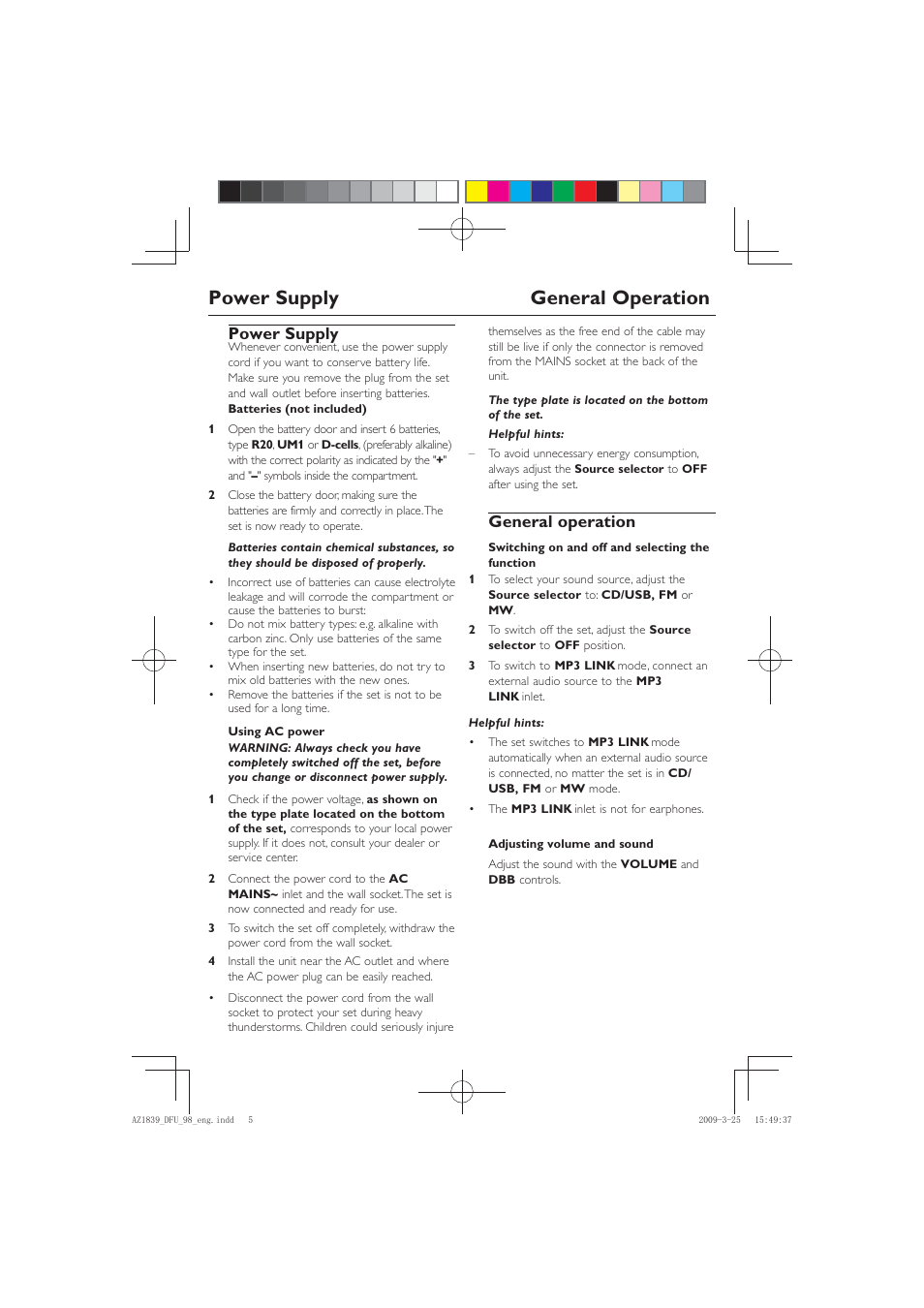 Power supply general operation, Power supply, General operation | Philips AZ1839/98 User Manual | Page 5 / 14