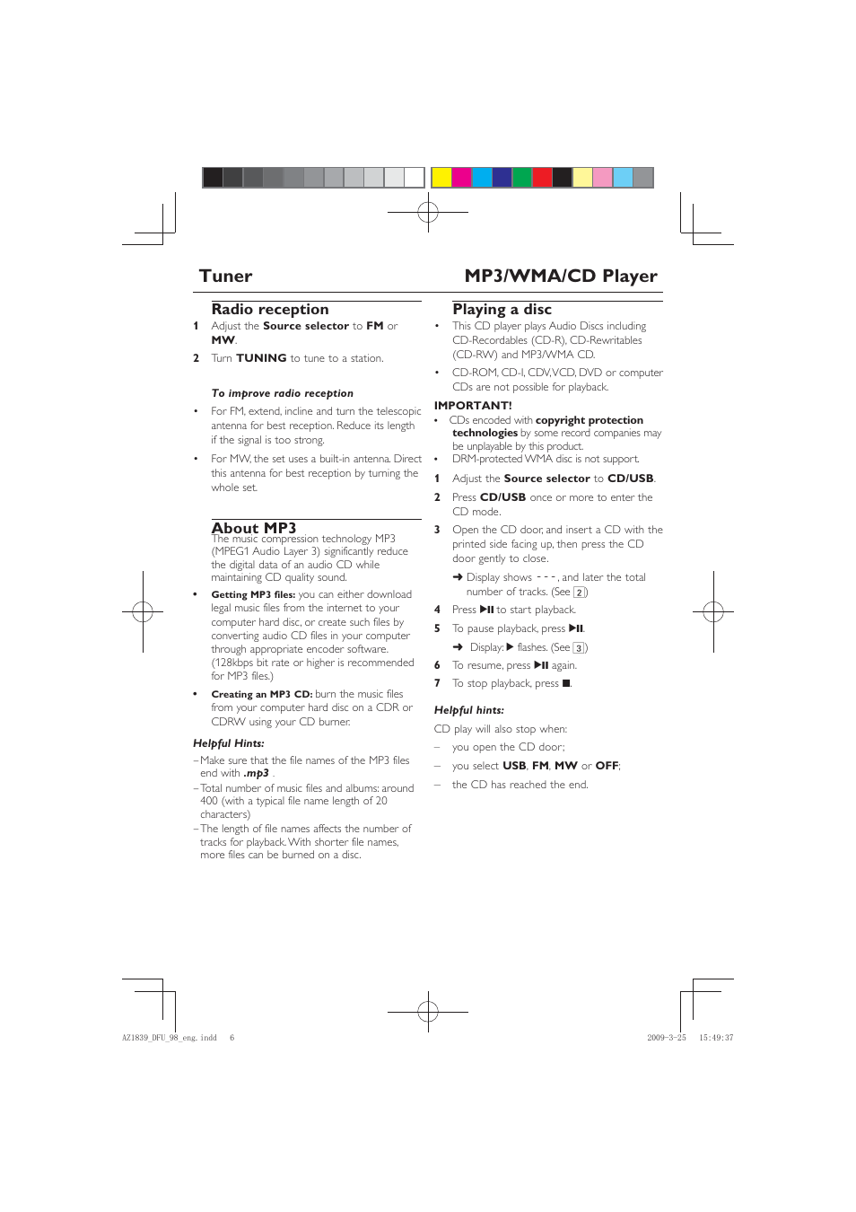 Tuner mp3/wma/cd player, Radio reception, About mp3 | Playing a disc | Philips AZ1839/98 User Manual | Page 6 / 14