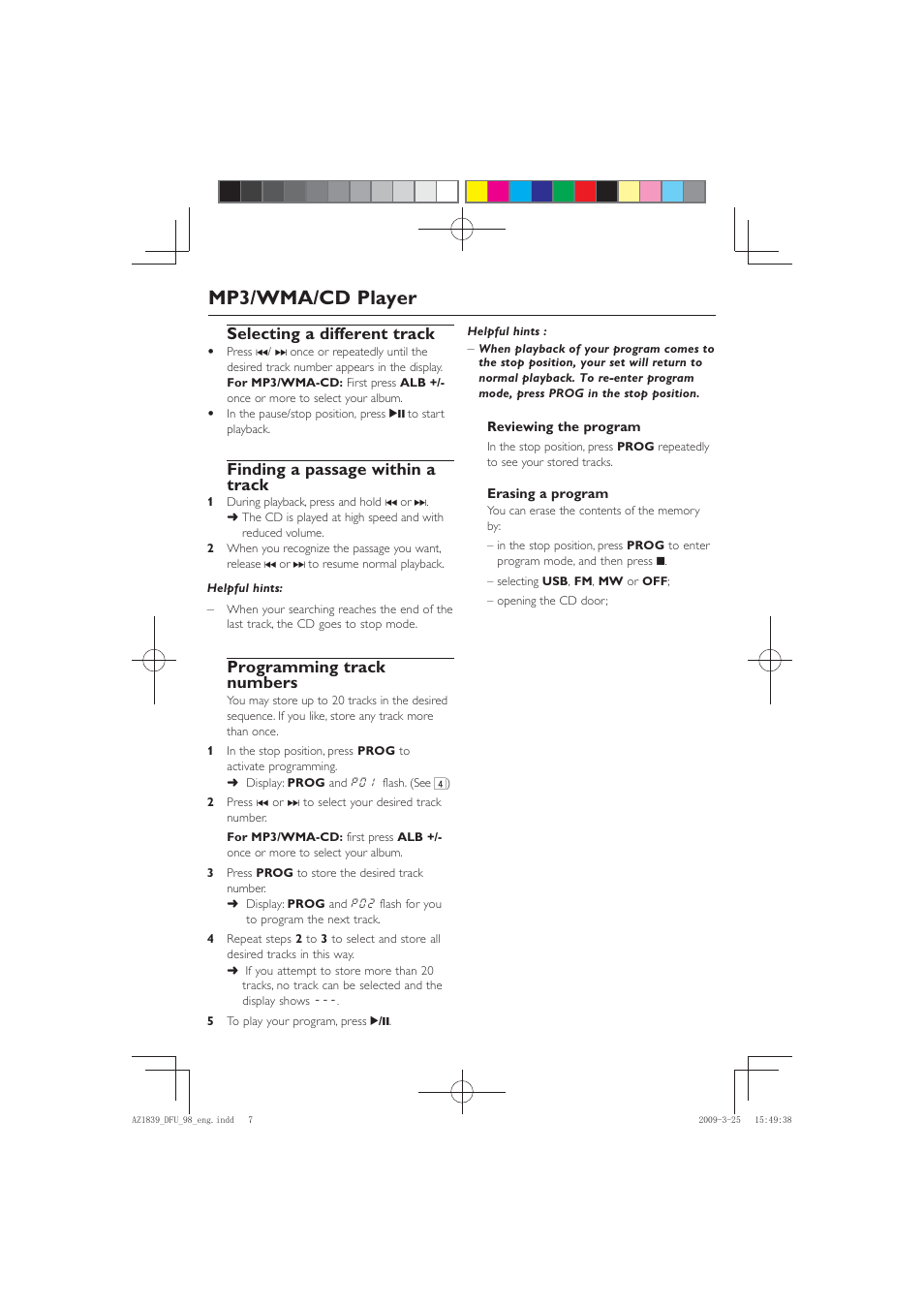 Mp3/wma/cd player, Selecting a different track, Finding a passage within a track | Programming track numbers | Philips AZ1839/98 User Manual | Page 7 / 14