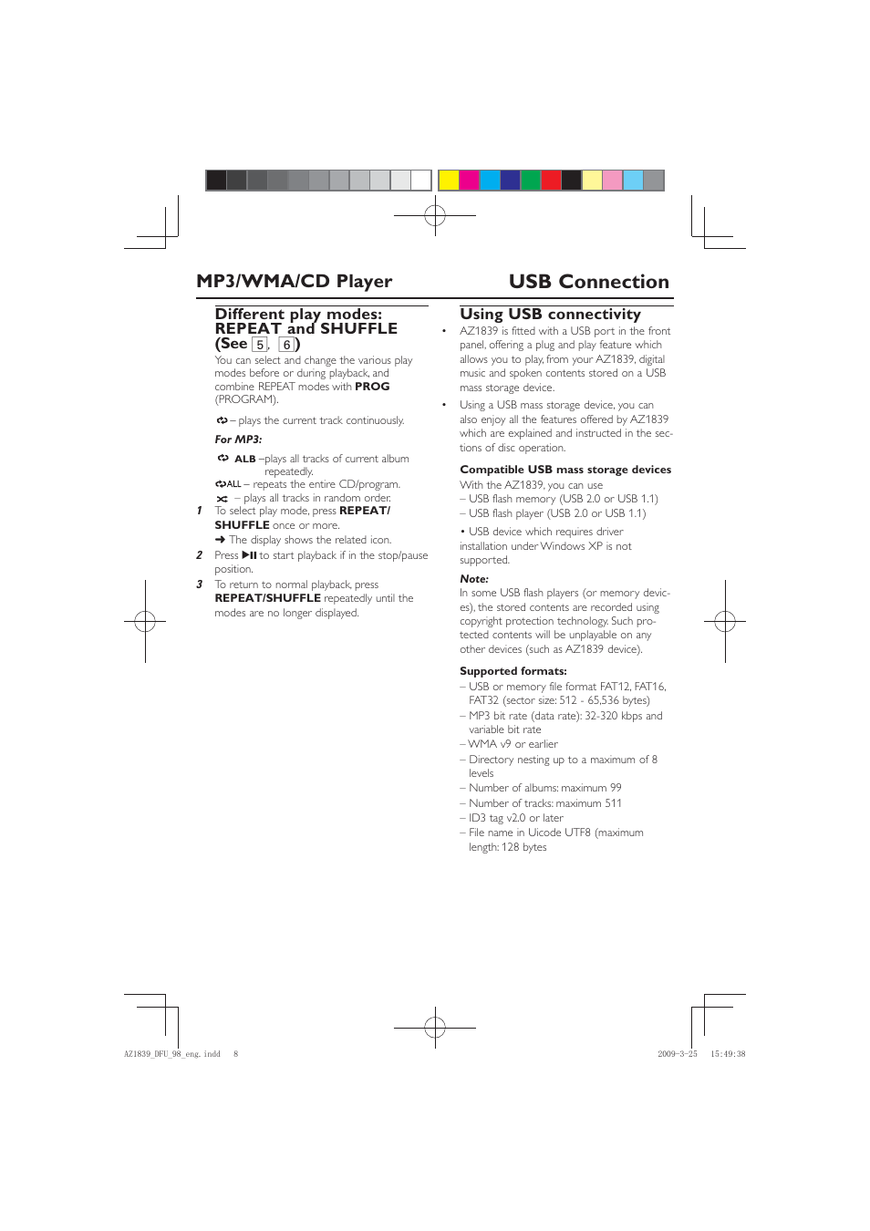 Usb connection, Mp3/wma/cd player, Different play modes: repeat and shuffle (see 5 | Using usb connectivity | Philips AZ1839/98 User Manual | Page 8 / 14