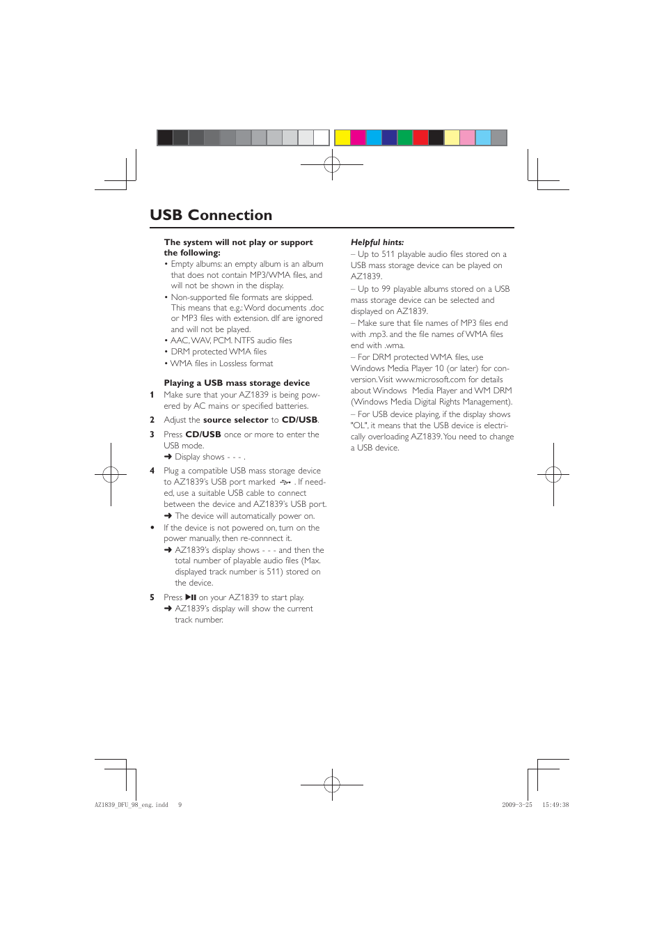 Usb connection | Philips AZ1839/98 User Manual | Page 9 / 14