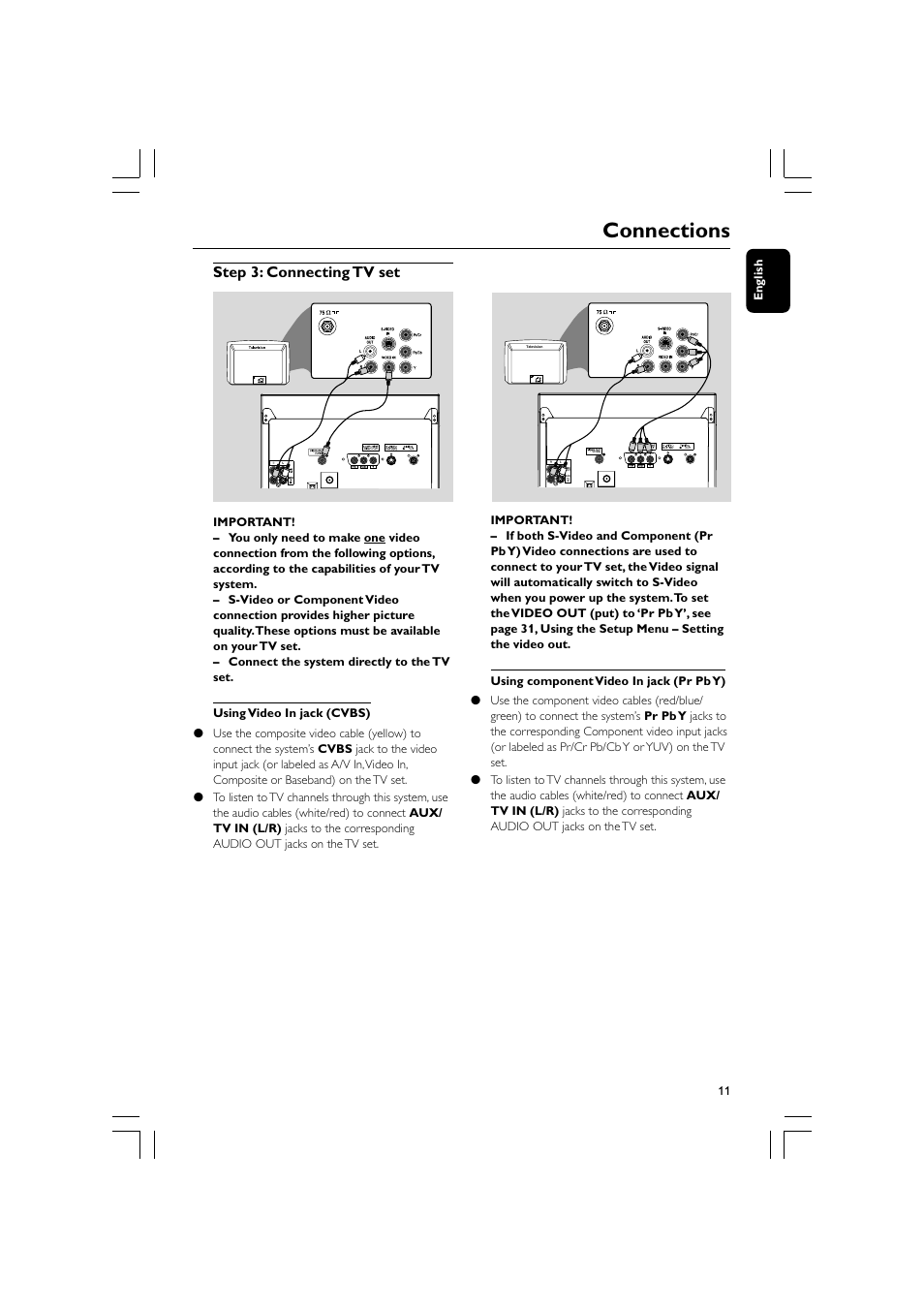 Connections, Step 3: connecting tv set, 11 english | Philips FW-D596 User Manual | Page 11 / 48