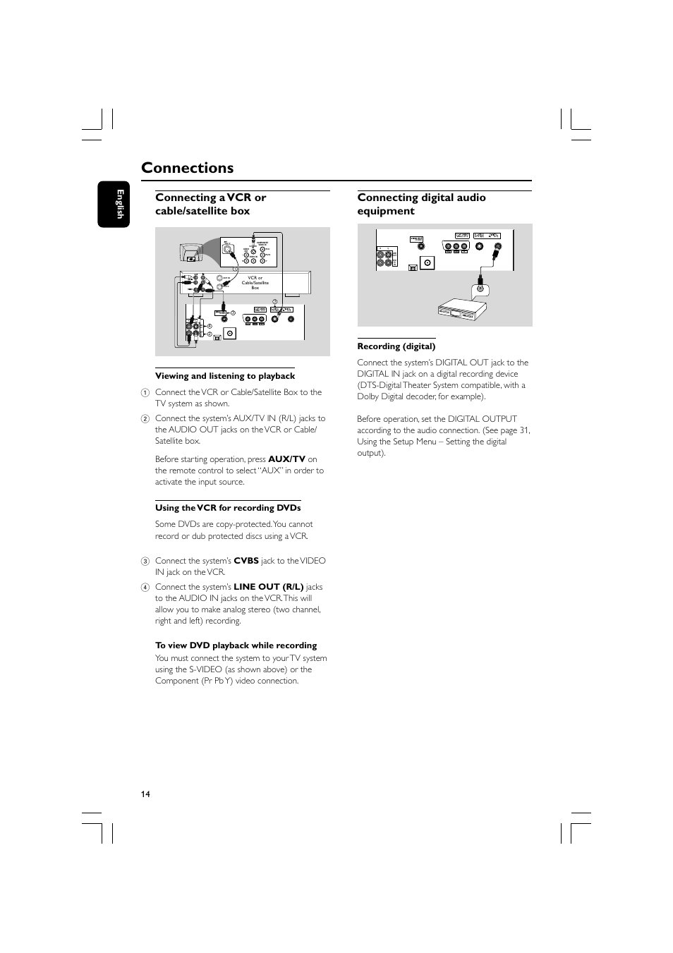 Connections, Connecting a vcr or cable/satellite box, Connecting digital audio equipment | 14 english | Philips FW-D596 User Manual | Page 14 / 48