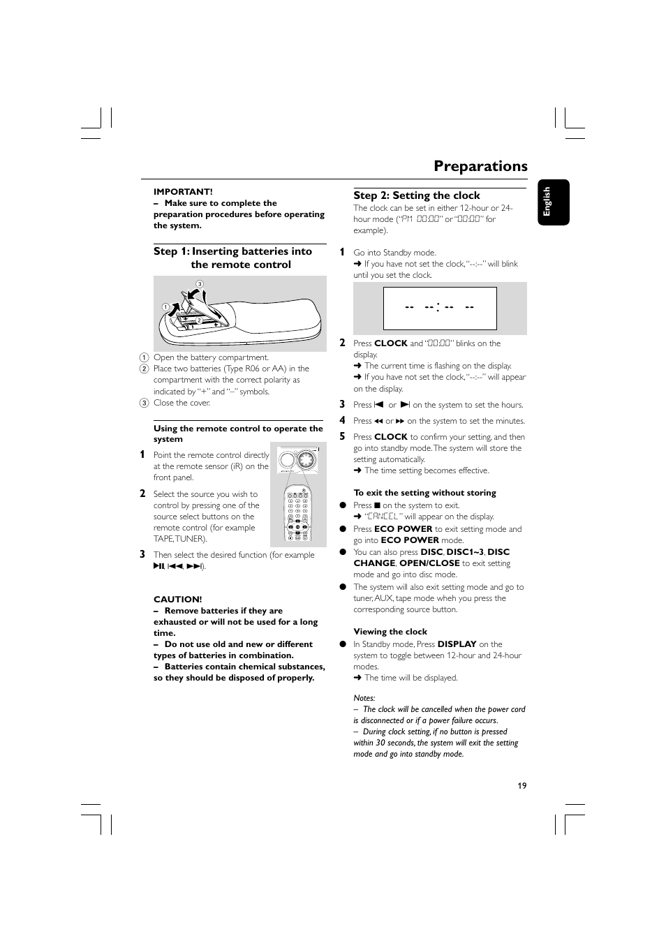 Preparations | Philips FW-D596 User Manual | Page 19 / 48