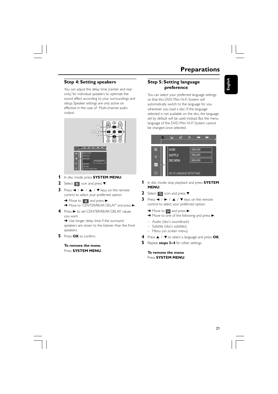 Preparations, Step 4: setting speakers, Step 5: setting language preference | Philips FW-D596 User Manual | Page 21 / 48