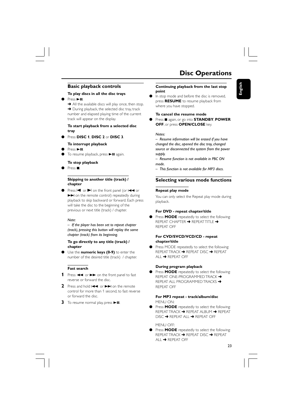 Disc operations, Basic playback controls, Selecting various mode functions | Philips FW-D596 User Manual | Page 23 / 48