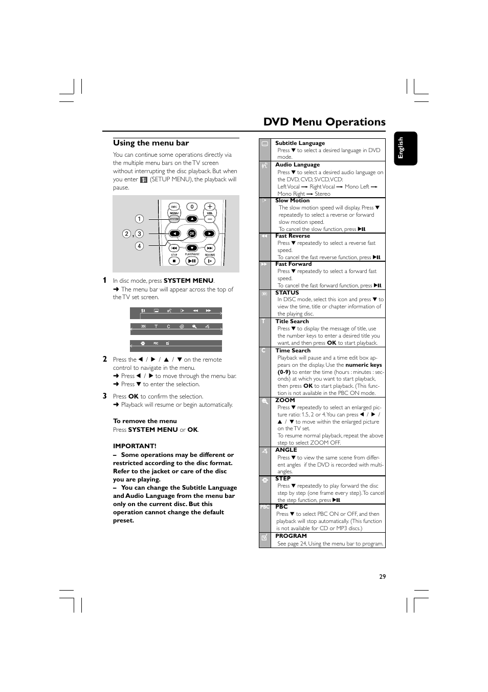 Dvd menu operations, Using the menu bar | Philips FW-D596 User Manual | Page 29 / 48