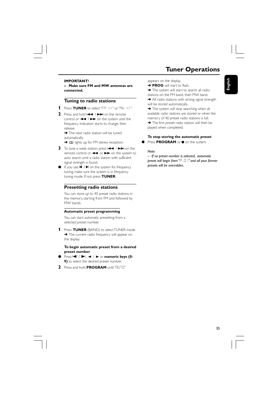 Tuner operations | Philips FW-D596 User Manual | Page 35 / 48