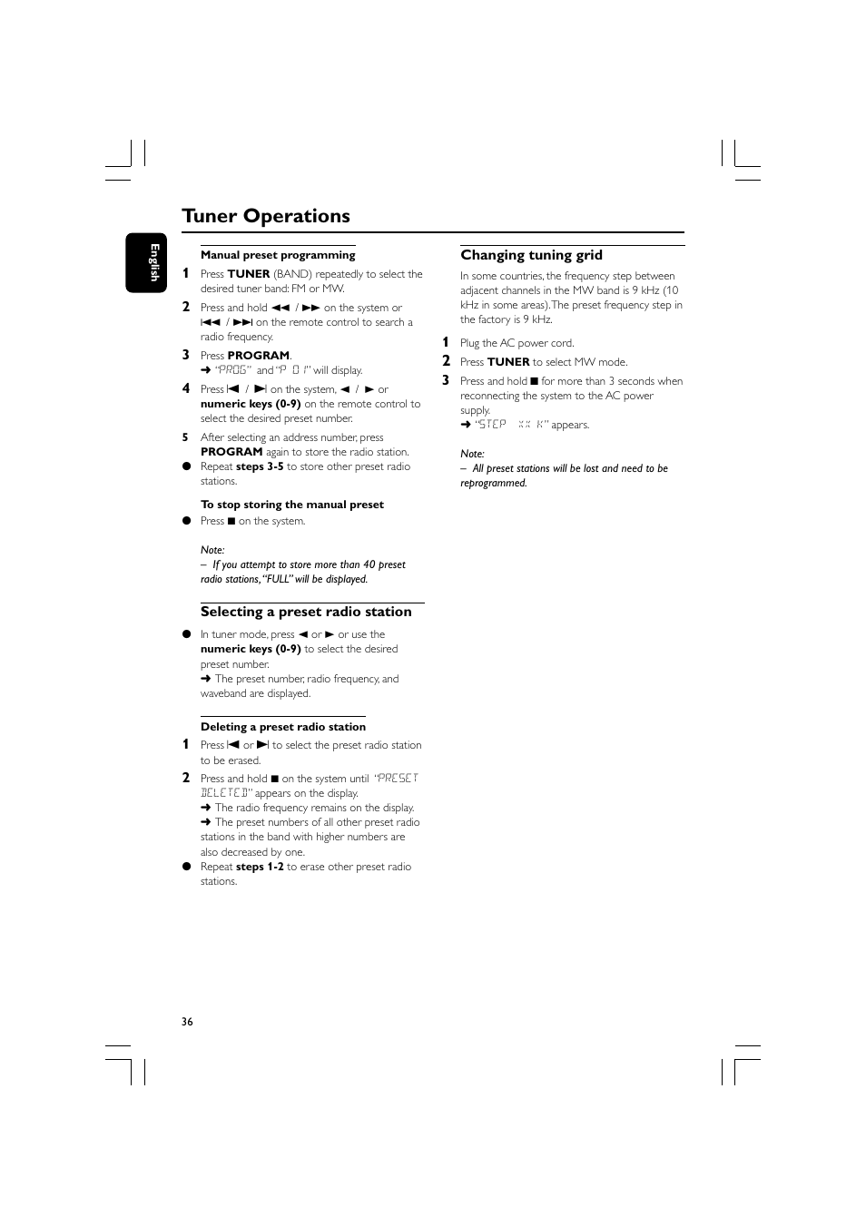 Tuner operations | Philips FW-D596 User Manual | Page 36 / 48