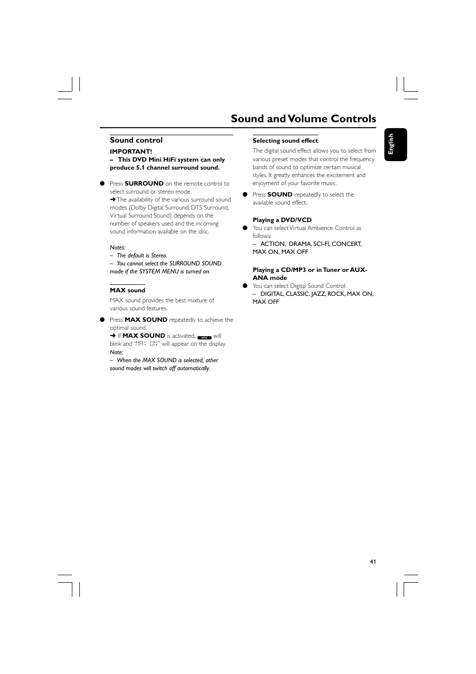 Sound and volume controls, Sound control | Philips FW-D596 User Manual | Page 41 / 48