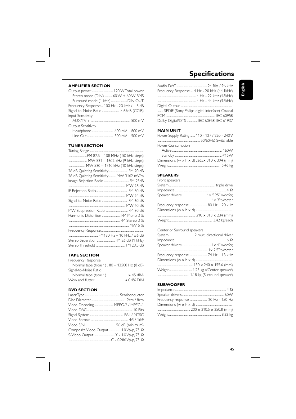 Specifications | Philips FW-D596 User Manual | Page 45 / 48