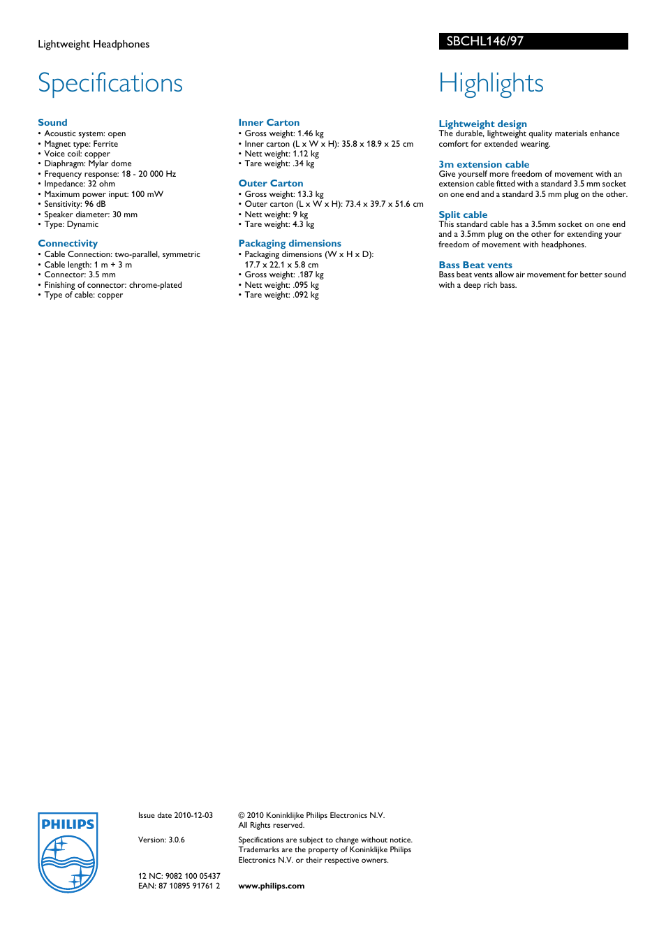 Specifications, Highlights | Philips SBCHL146 User Manual | Page 2 / 2