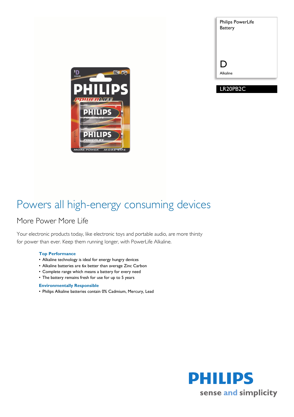 Philips Power Life LR20PB2C User Manual | 2 pages