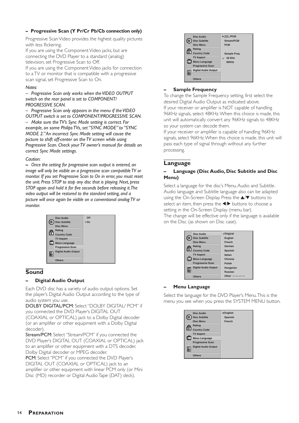 Sound, Language | Philips DVD793C User Manual | Page 14 / 28