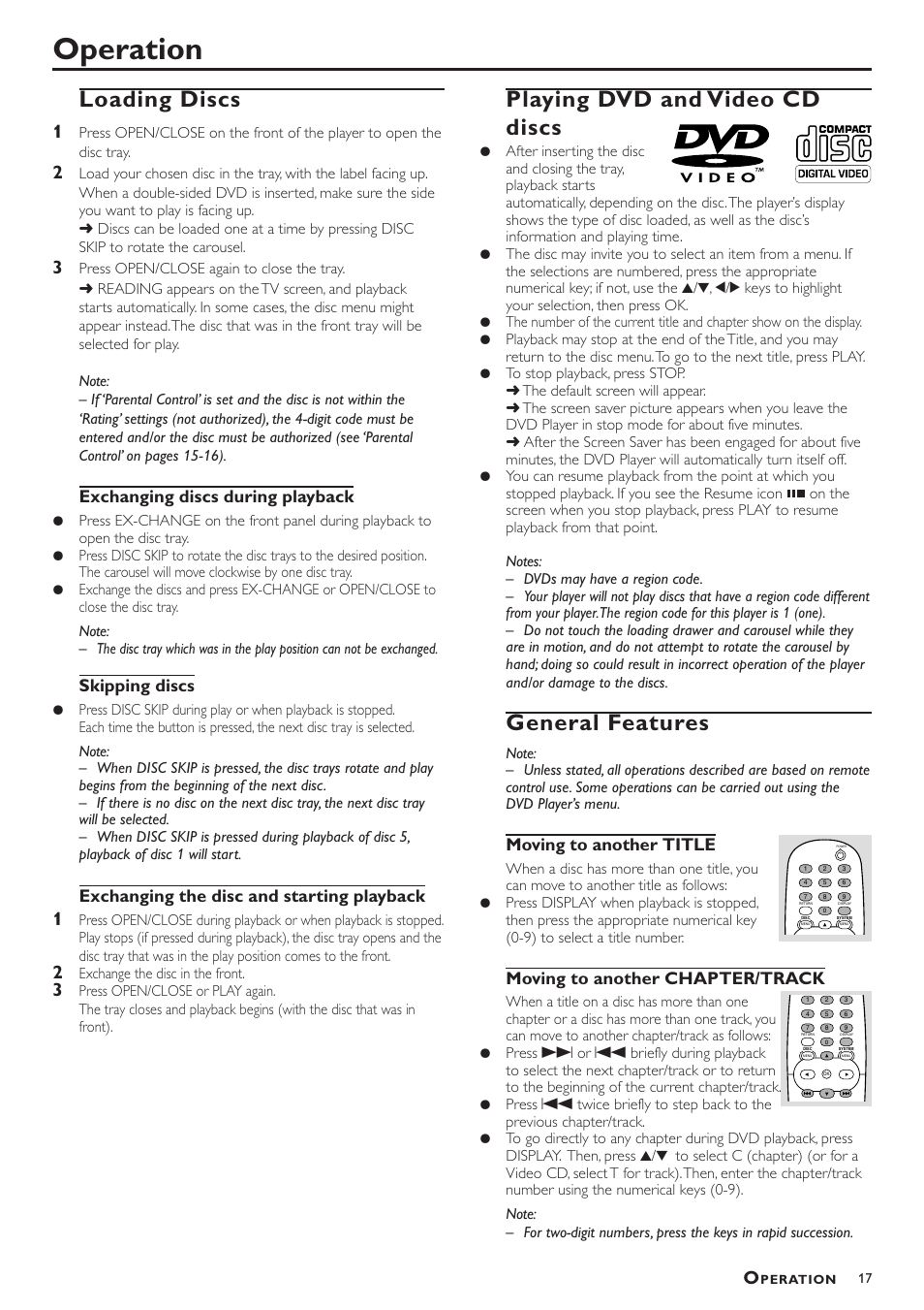 Operation, Loading discs, Playing dvd and video cd discs | General features, Exchanging discs during playback, Skipping discs, Exchanging the disc and starting playback, Moving to another title, Moving to another chapter/track | Philips DVD793C User Manual | Page 17 / 28