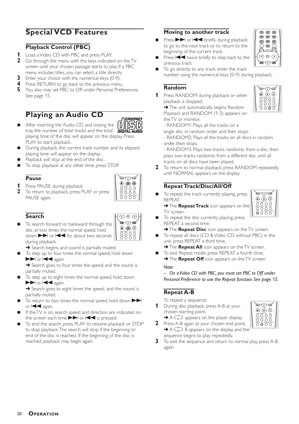 Special vcd features, Playing an audio cd, Playback control (pbc) | Pause, Search, Moving to another track, Random, Repeat track/disc/all/off, Repeat a-b, Load a video cd with pbc and press play | Philips DVD793C User Manual | Page 20 / 28