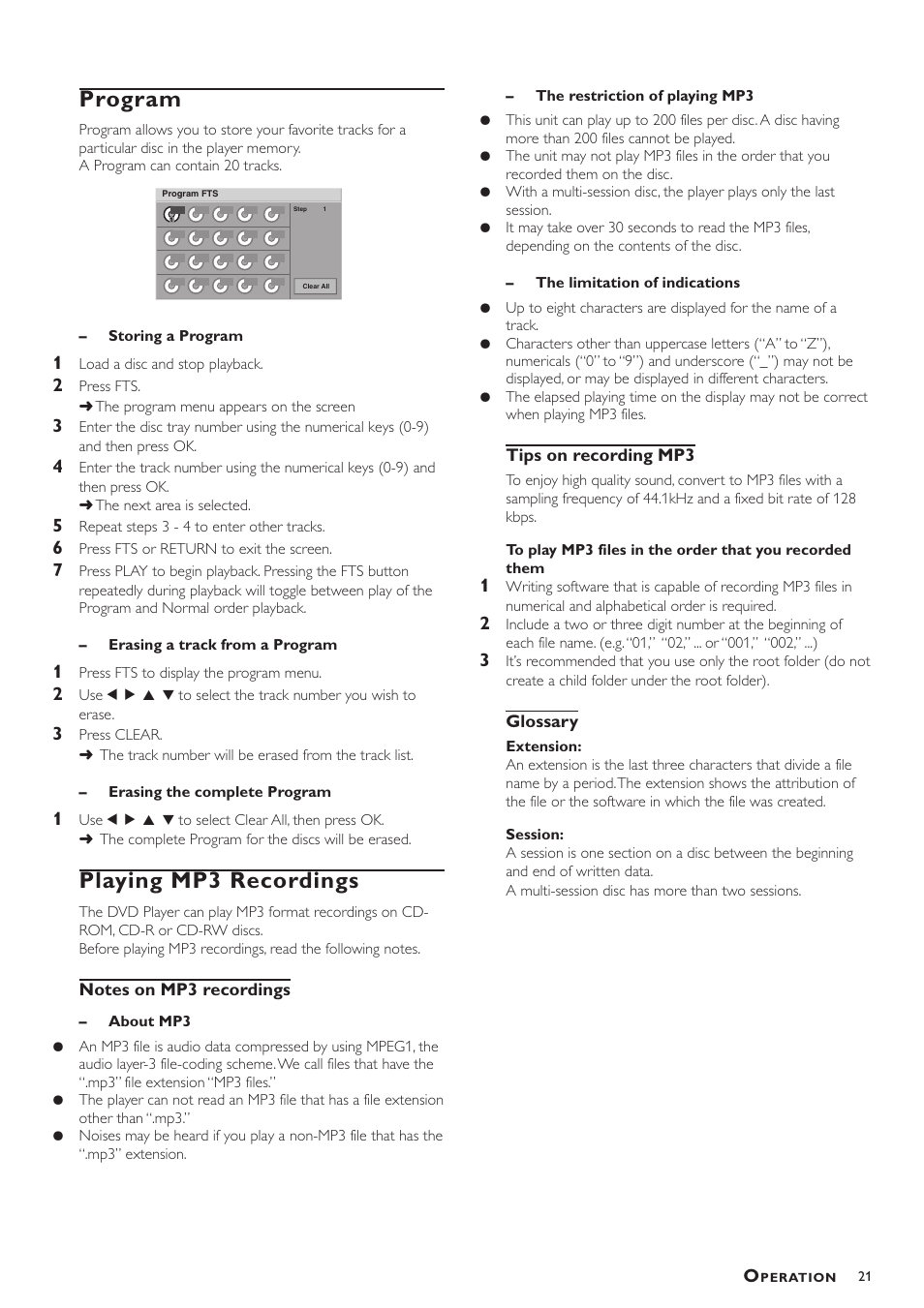 Program, Playing mp3 recordings | Philips DVD793C User Manual | Page 21 / 28