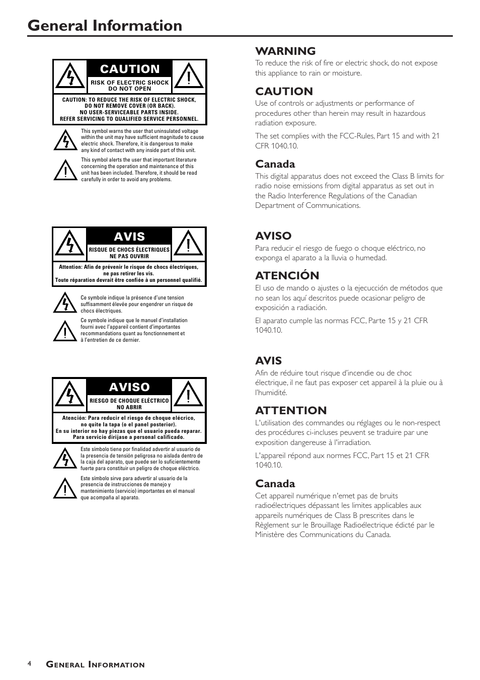 General information, Warning, Caution | Canada, Aviso, Atención, Avis, Attention | Philips DVD793C User Manual | Page 4 / 28