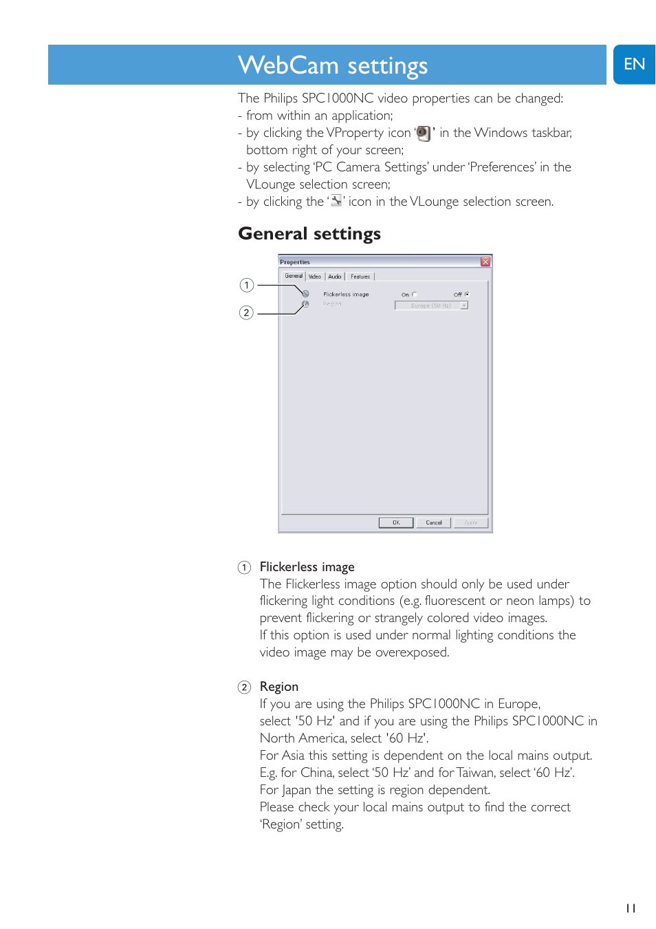 Chapter, Webcam settings, General settings | Philips SPC1005NC User Manual | Page 11 / 28