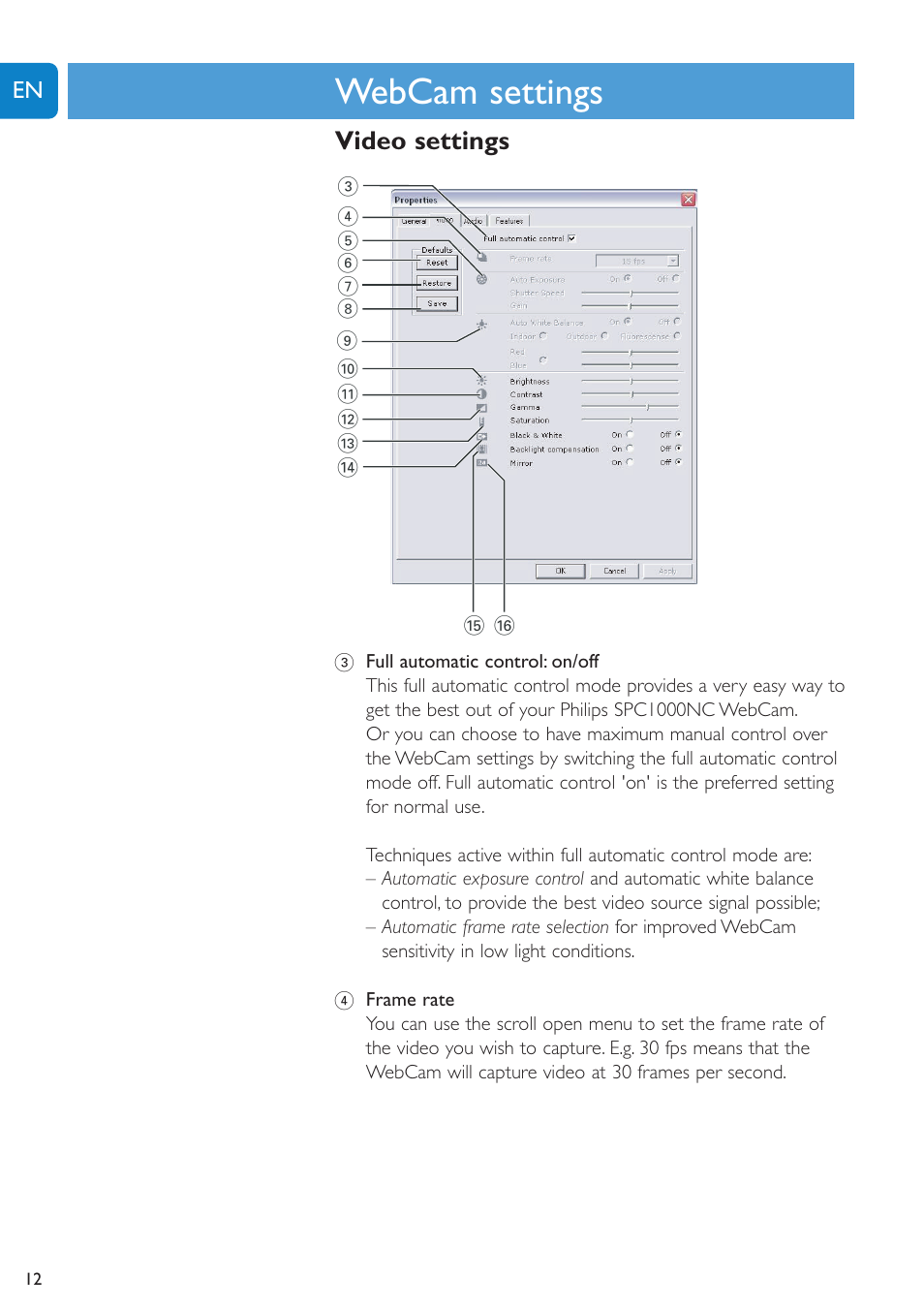 Chapter, Webcam settings, Video settings | Philips SPC1005NC User Manual | Page 12 / 28