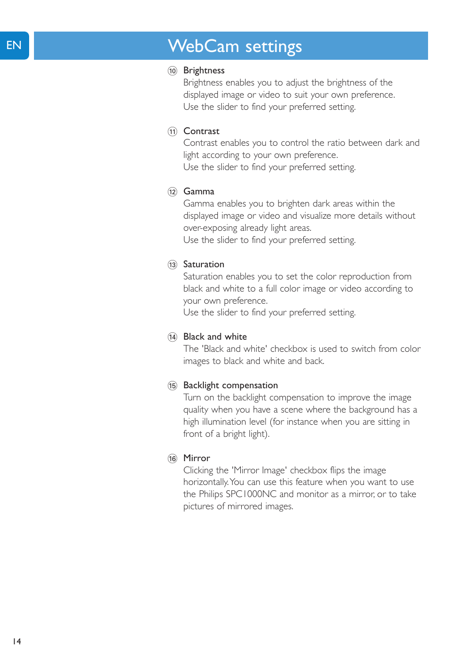 Chapter, Webcam settings | Philips SPC1005NC User Manual | Page 14 / 28