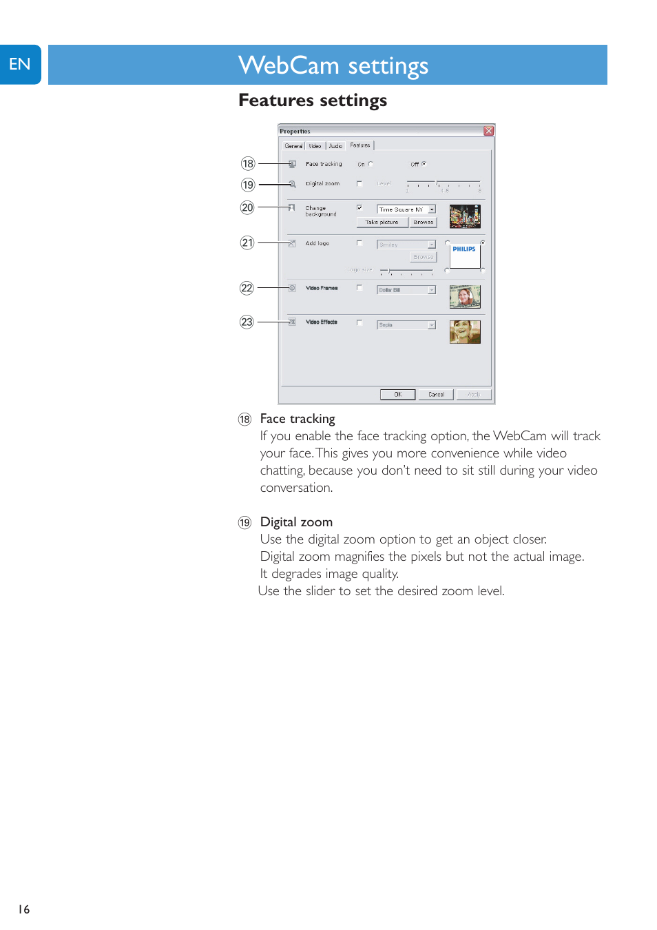 Chapter, Webcam settings, Features settings | Philips SPC1005NC User Manual | Page 16 / 28