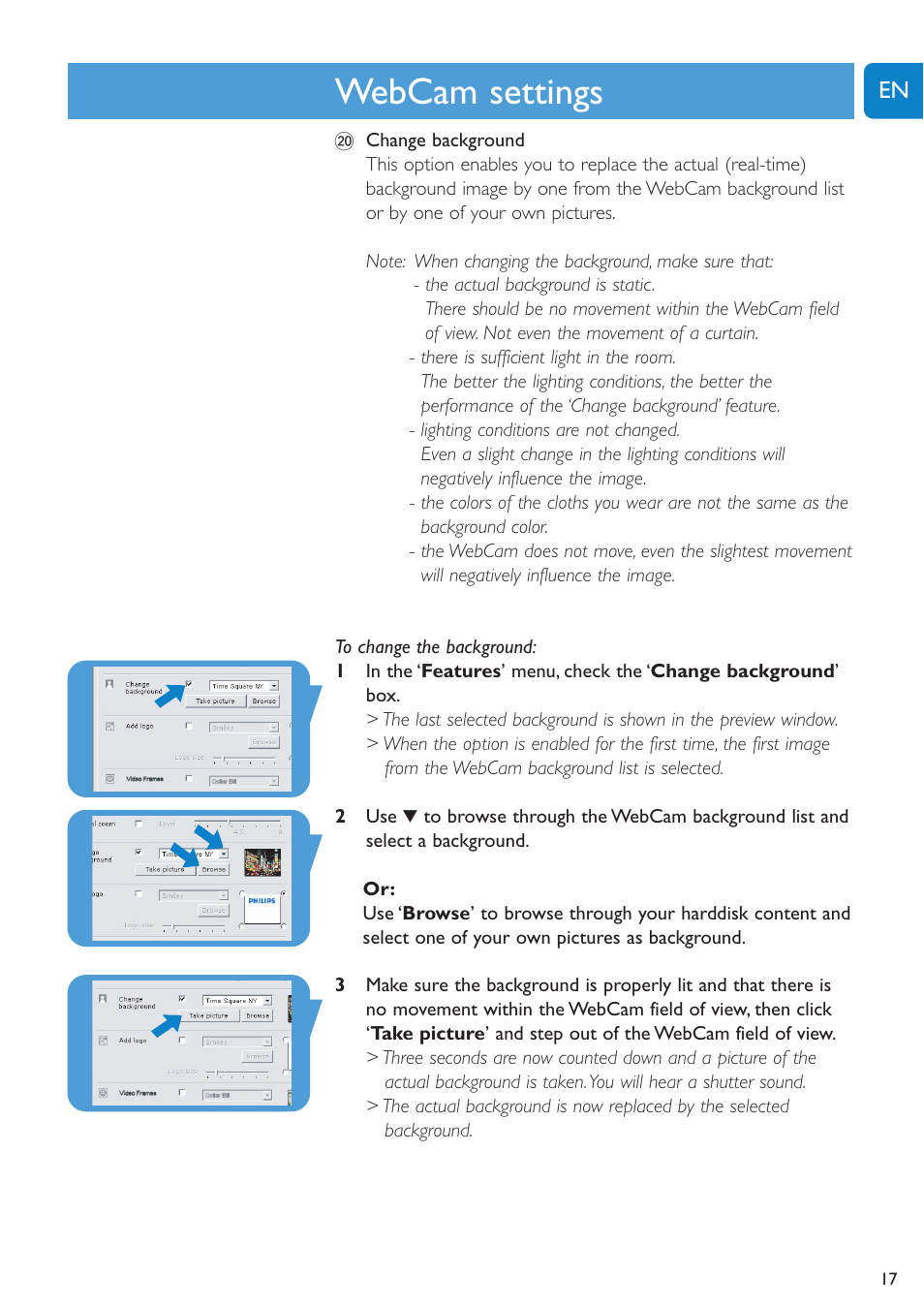 Chapter, Webcam settings | Philips SPC1005NC User Manual | Page 17 / 28