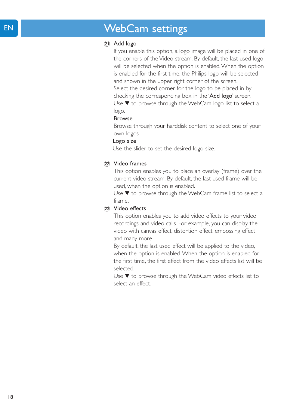 Chapter, Webcam settings | Philips SPC1005NC User Manual | Page 18 / 28