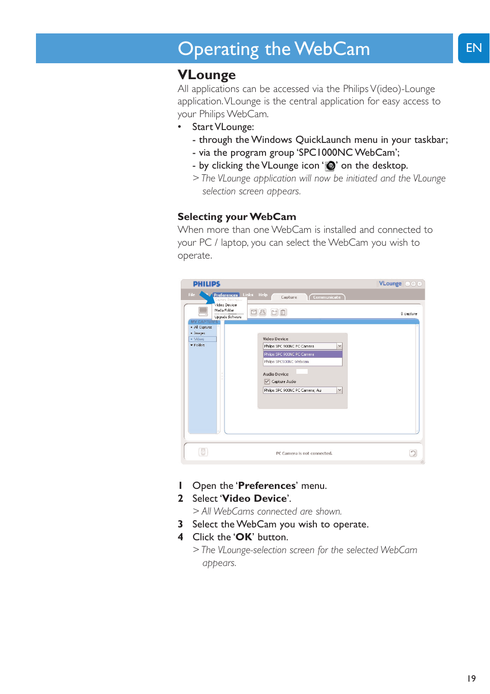 Chapter, Operating the webcam, Vlounge | Philips SPC1005NC User Manual | Page 19 / 28