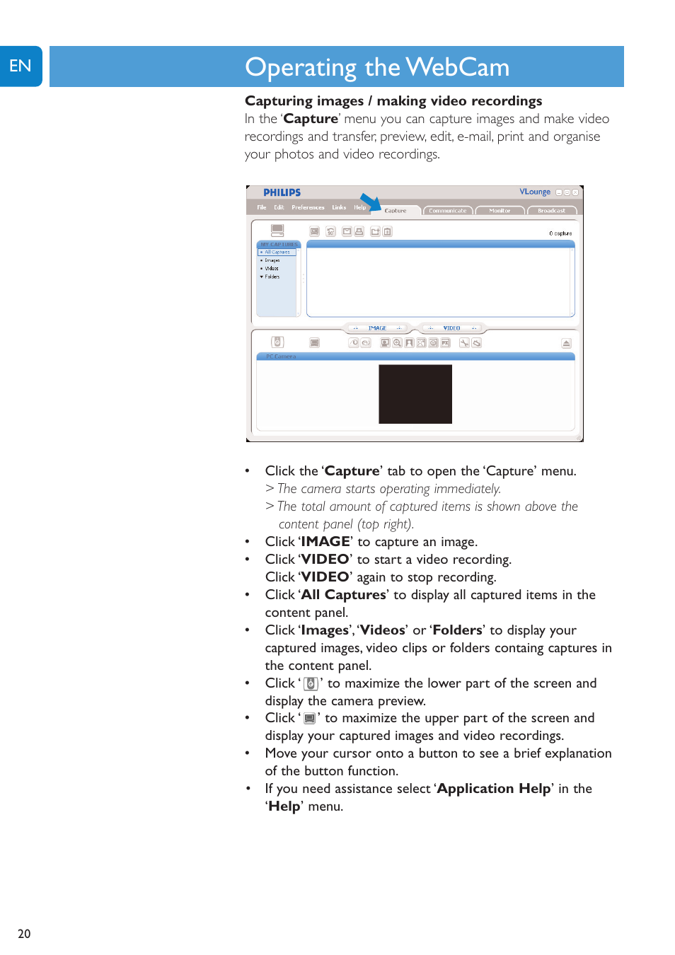 Chapter, Operating the webcam | Philips SPC1005NC User Manual | Page 20 / 28