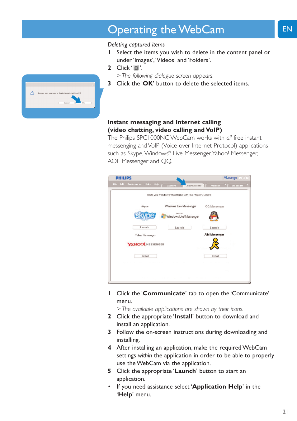 Chapter, Operating the webcam | Philips SPC1005NC User Manual | Page 21 / 28