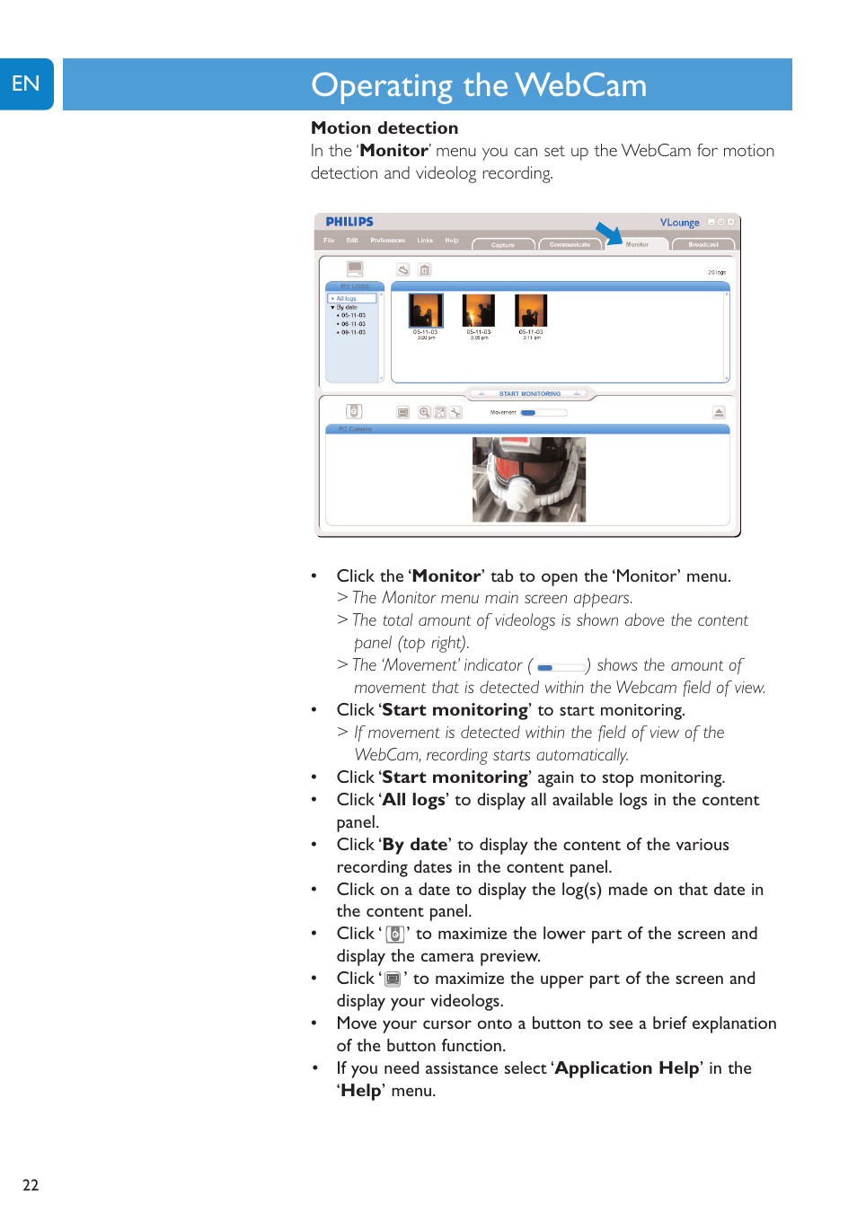 Chapter, Operating the webcam | Philips SPC1005NC User Manual | Page 22 / 28