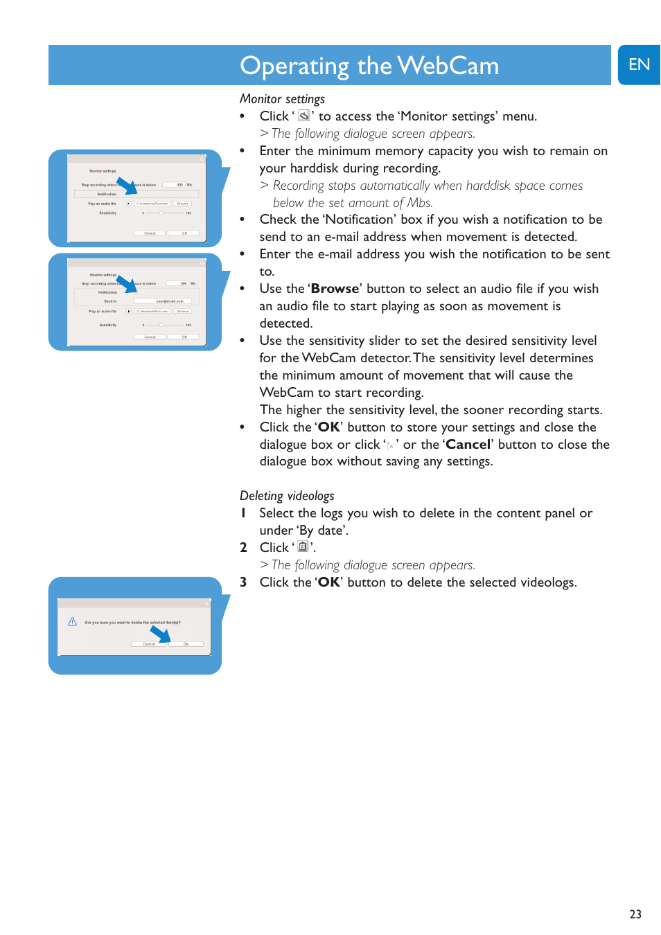 Chapter, Operating the webcam | Philips SPC1005NC User Manual | Page 23 / 28