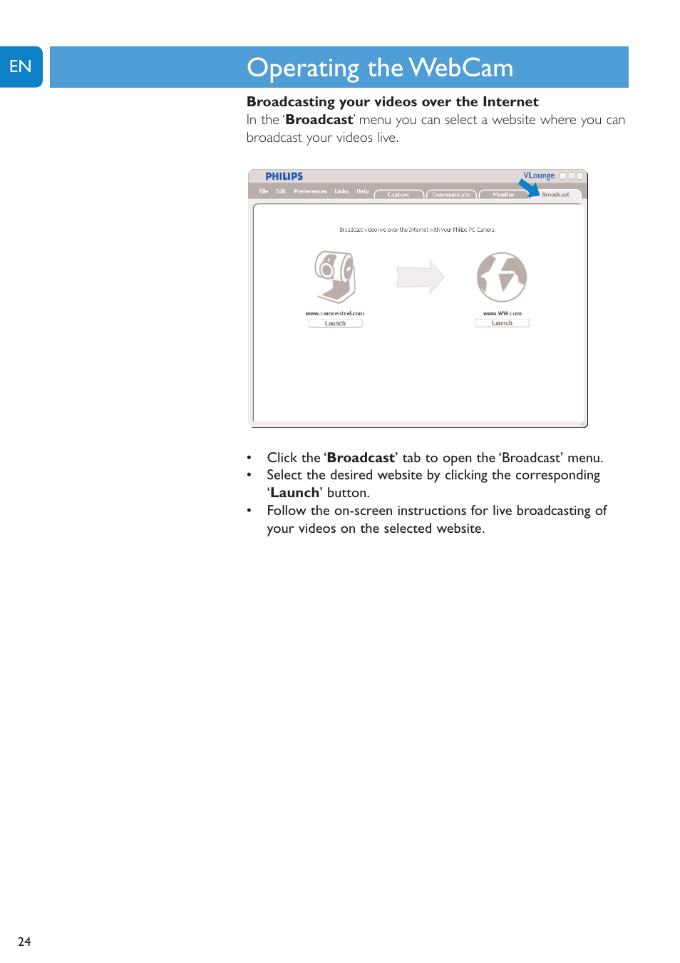 Chapter, Operating the webcam | Philips SPC1005NC User Manual | Page 24 / 28