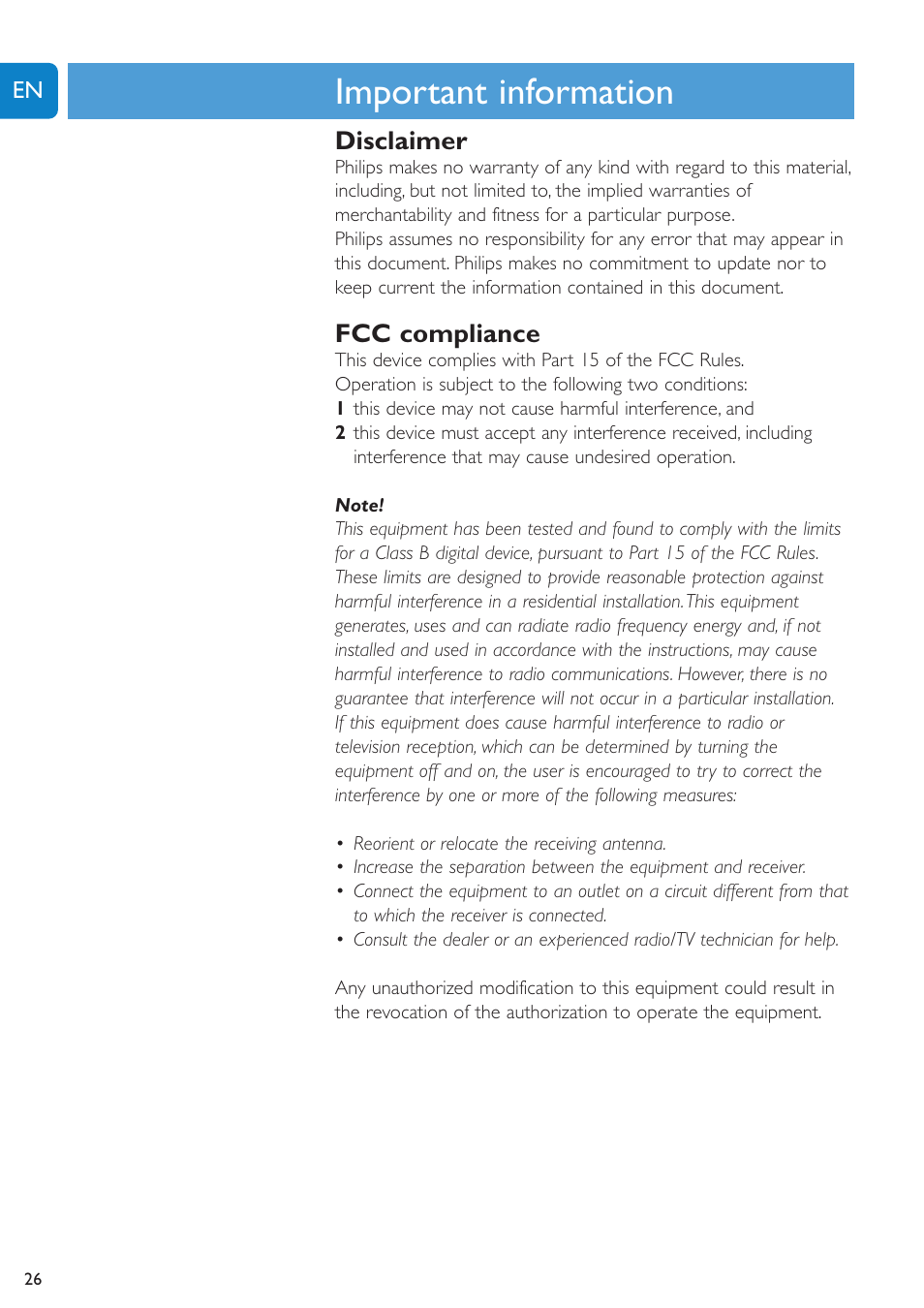 Chapter, Important information | Philips SPC1005NC User Manual | Page 26 / 28