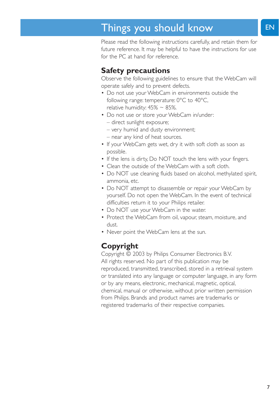 Chapter, Things you should know, Safety precautions | Copyright | Philips SPC1005NC User Manual | Page 7 / 28