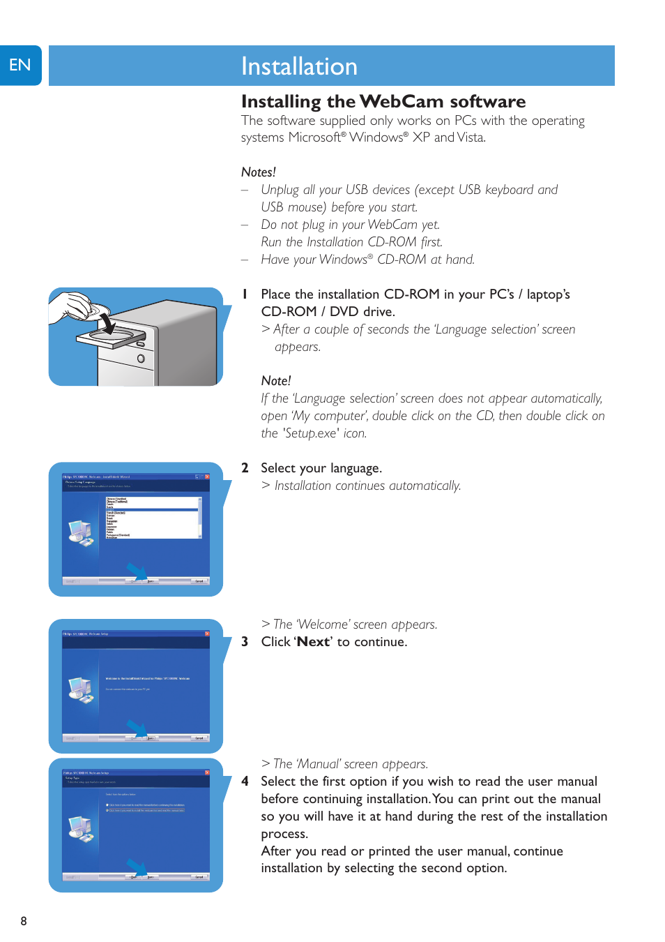 Chapter, Installation, Installing the webcam software | Philips SPC1005NC User Manual | Page 8 / 28