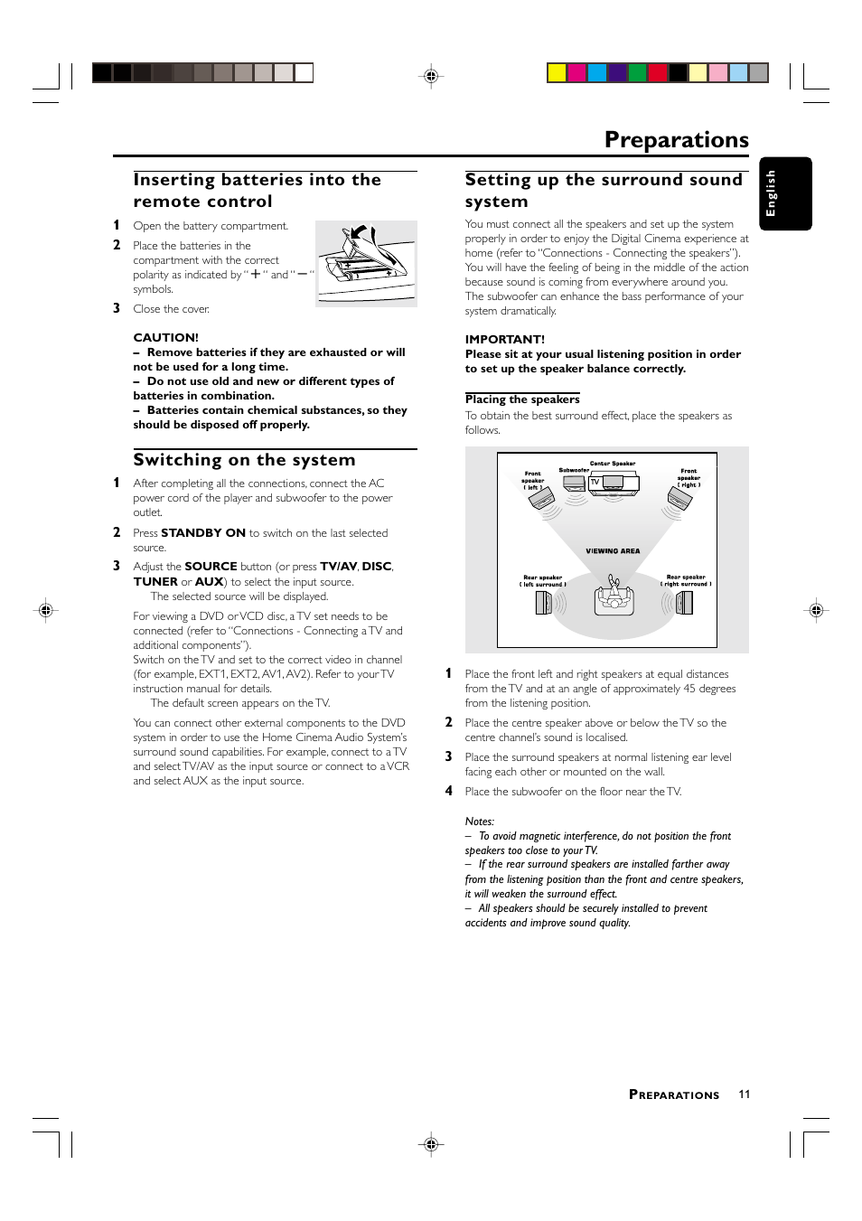 Preparations, Inserting batteries into the remote control, Switching on the system | Setting up the surround sound system | Philips MX3800D/22S User Manual | Page 11 / 24