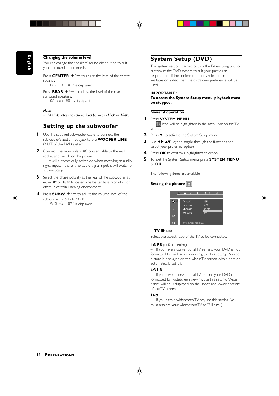Setting up the subwoofer, System setup (dvd) | Philips MX3800D/22S User Manual | Page 12 / 24