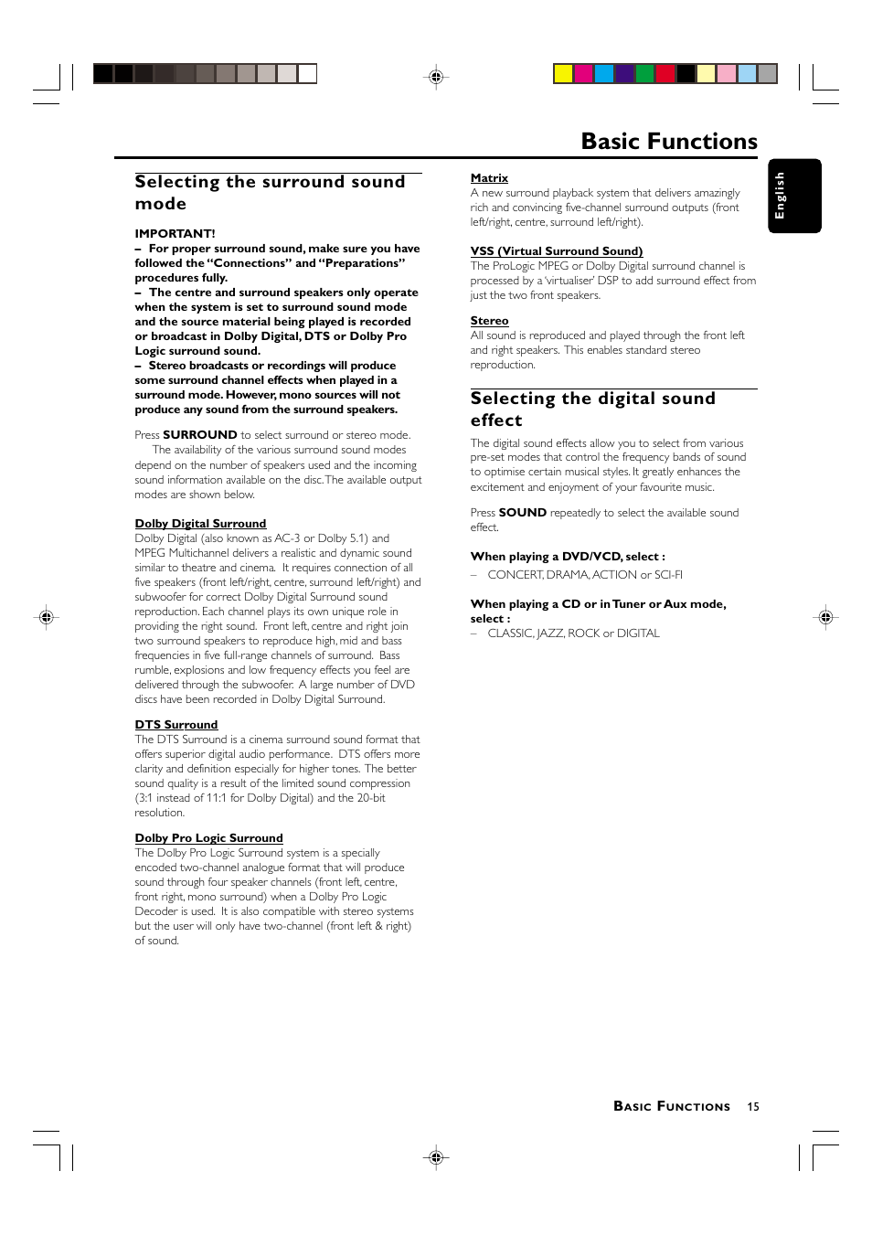 Basic functions, Selecting the surround sound mode, Selecting the digital sound effect | Philips MX3800D/22S User Manual | Page 15 / 24