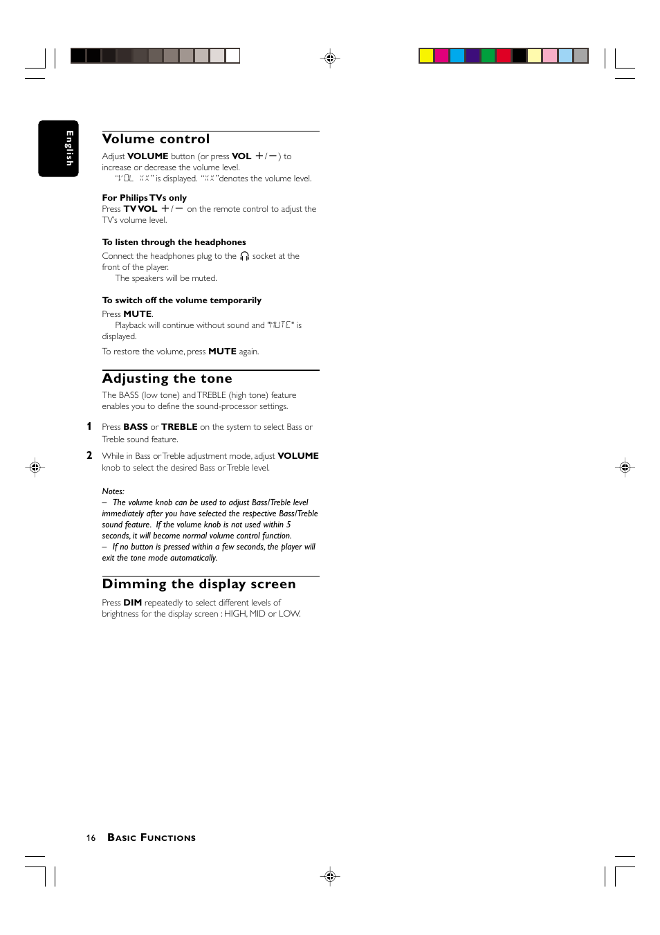 Volume control, Adjusting the tone, Dimming the display screen | Philips MX3800D/22S User Manual | Page 16 / 24