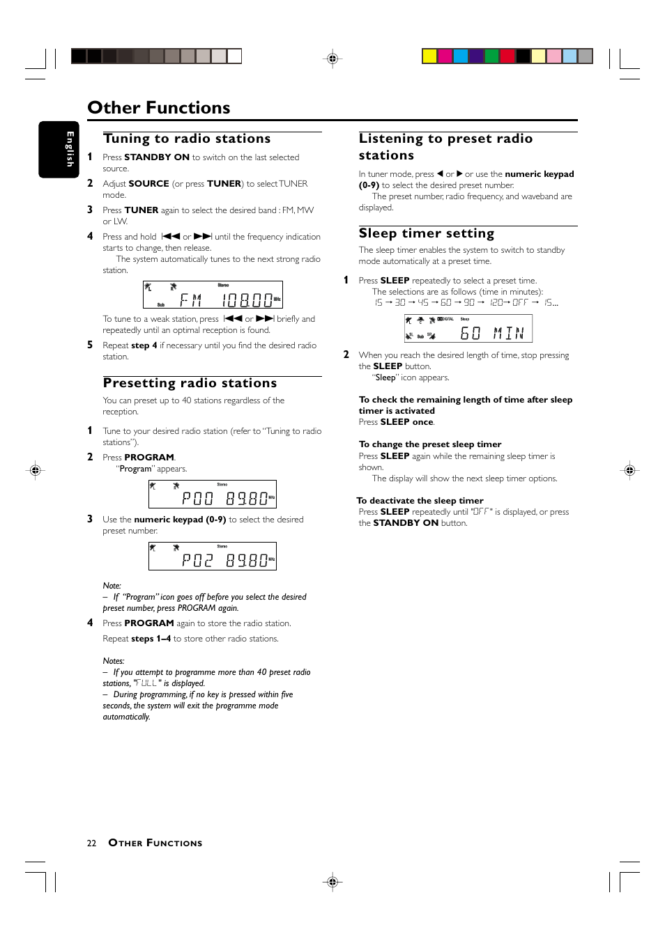 Other functions, Tuning to radio stations, Presetting radio stations | Listening to preset radio stations, Sleep timer setting | Philips MX3800D/22S User Manual | Page 22 / 24