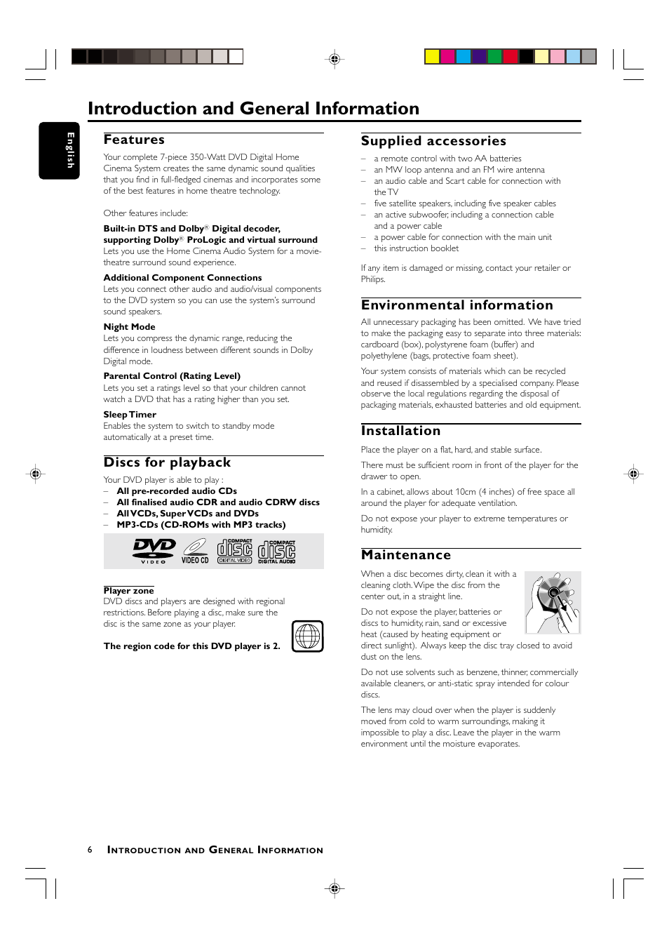 Introduction and general information, Features, Discs for playback | Supplied accessories, Environmental information, Installation, Maintenance | Philips MX3800D/22S User Manual | Page 6 / 24