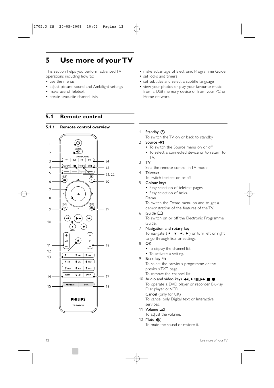 5use more of your tv, 1 remote control | Philips 32PFL9603 User Manual | Page 14 / 68