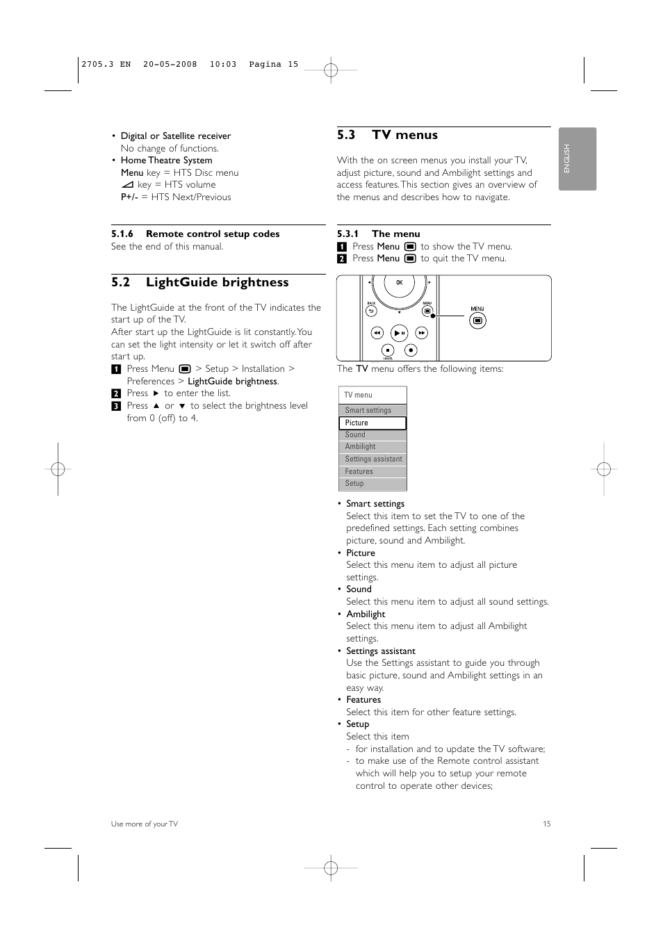 2 lightguide brightness, 3 tv menus | Philips 32PFL9603 User Manual | Page 17 / 68