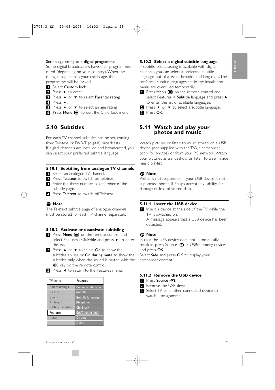 10 subtitles, 11 watch and play your photos and music | Philips 32PFL9603 User Manual | Page 27 / 68