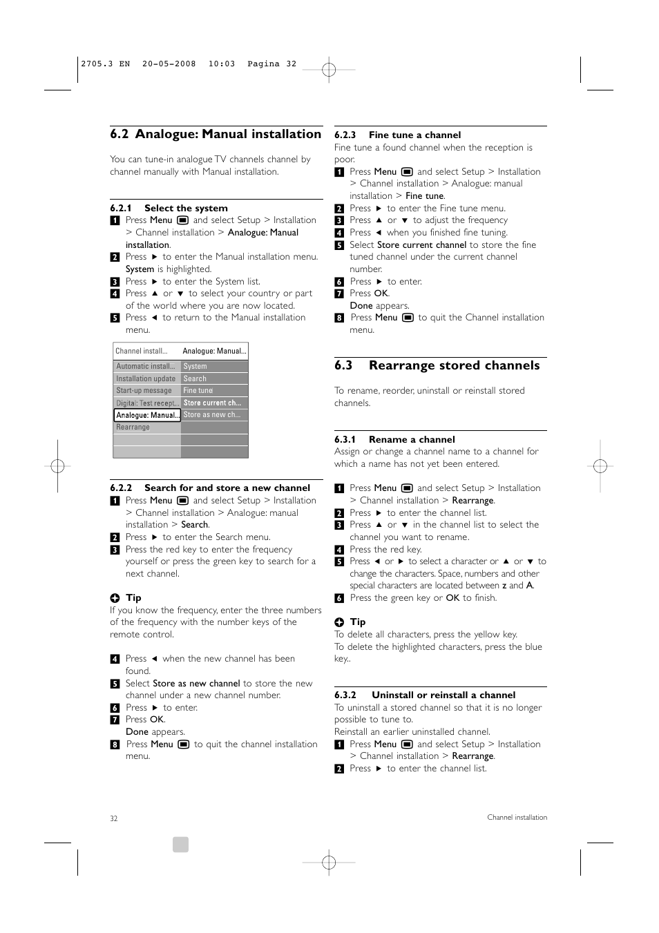 2 analogue: manual installation, 3 rearrange stored channels | Philips 32PFL9603 User Manual | Page 34 / 68