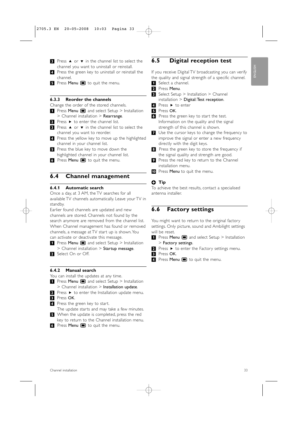 4 channel management, 5 digital reception test, 6 factory settings | Philips 32PFL9603 User Manual | Page 35 / 68