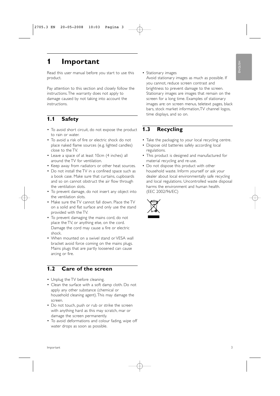 1important, 1 safety, 2 care of the screen | 3 recycling | Philips 32PFL9603 User Manual | Page 5 / 68