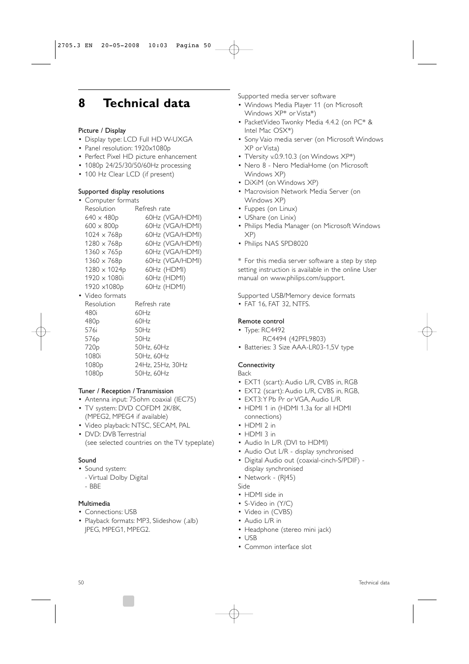 8technical data | Philips 32PFL9603 User Manual | Page 52 / 68